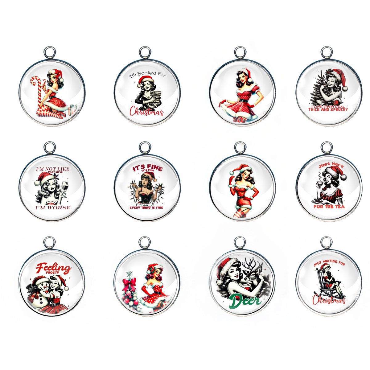 Group of 12 Charms depicting sexy women dressed for the holidays 