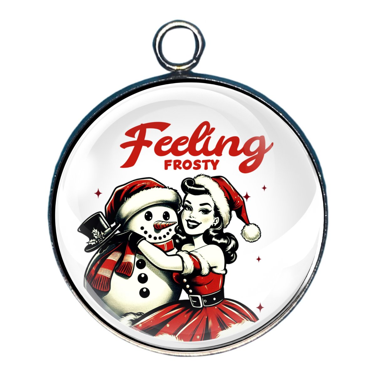 charm of a pin up girl dressing up a snowman and the words 'feeling frosty'