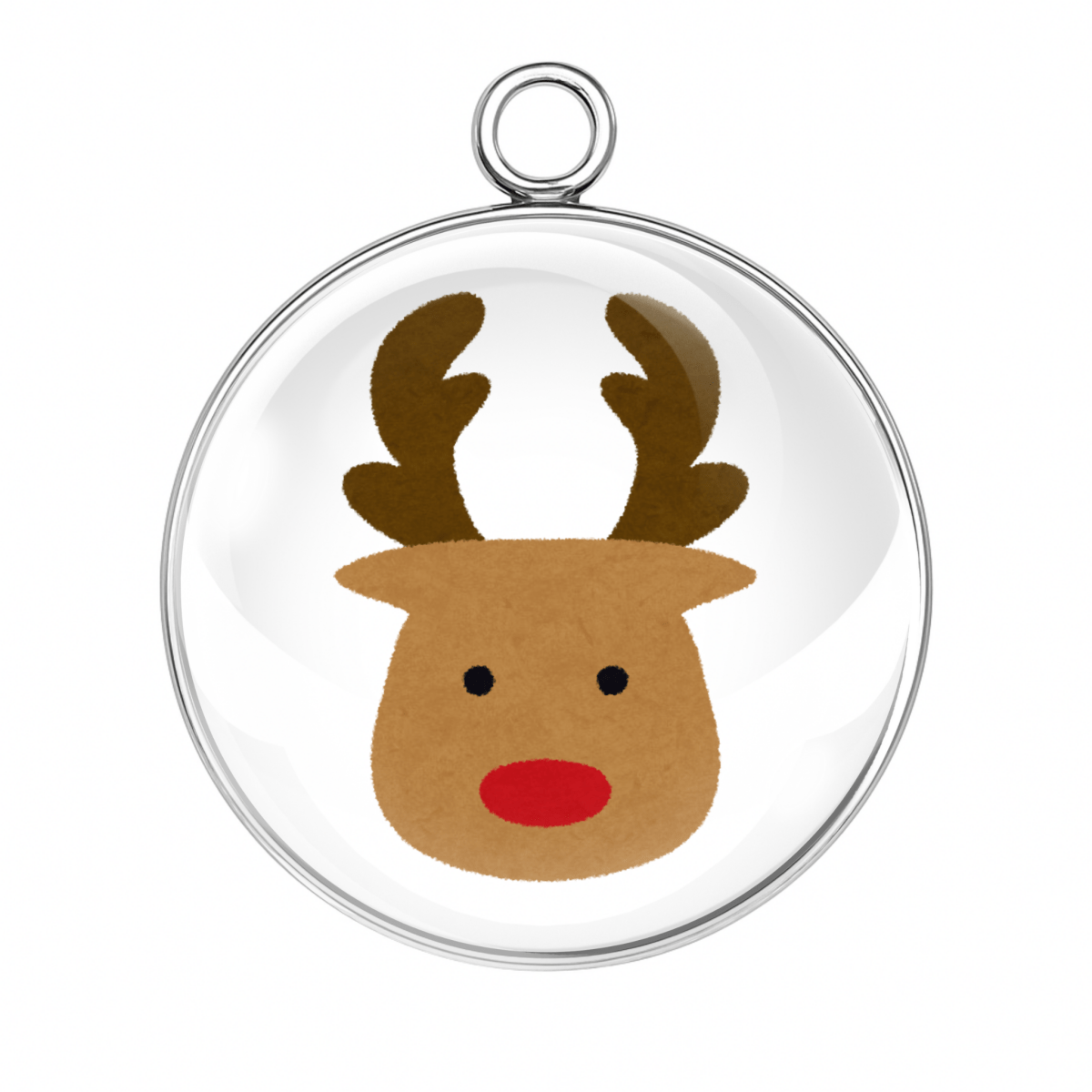 Clear round pendant with a reindeer face design on a white background