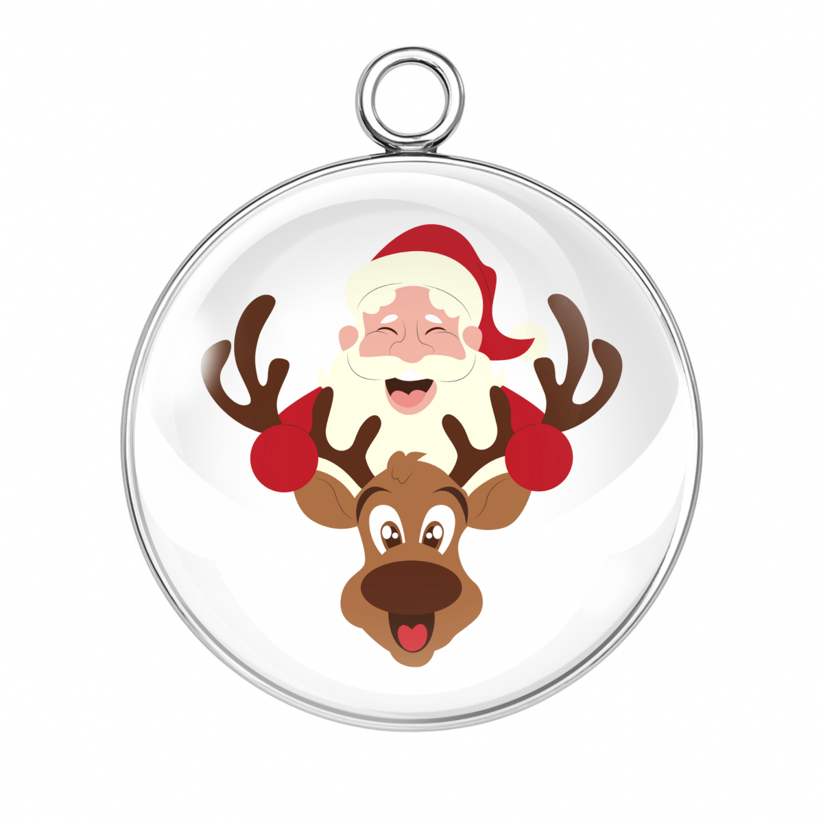 Circular pendant with cartoon Santa Claus and reindeer design on a white background