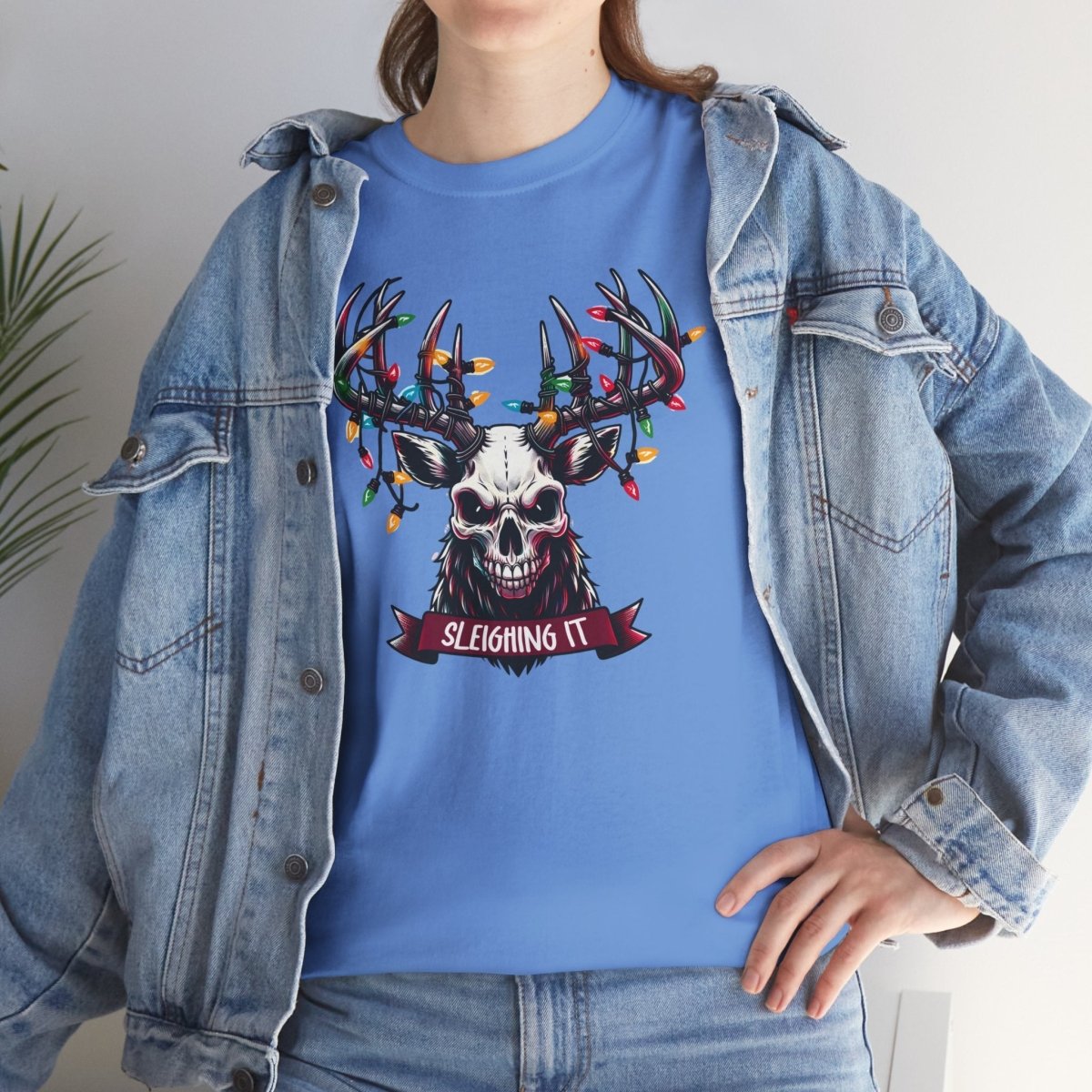 Christmas Reindeer Tee, Sleighing It Unisex Heavy Cotton Tee