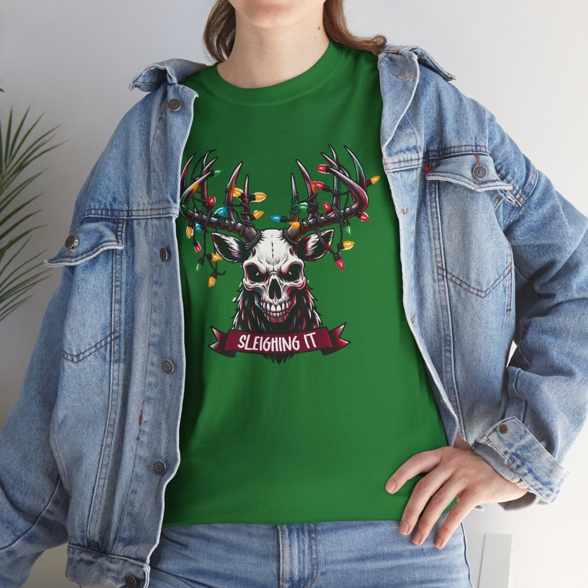 Christmas Reindeer Tee, Sleighing It Unisex Heavy Cotton Tee