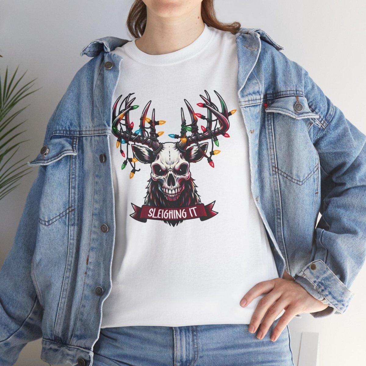 Christmas Reindeer Tee, Sleighing It Unisex Heavy Cotton Tee