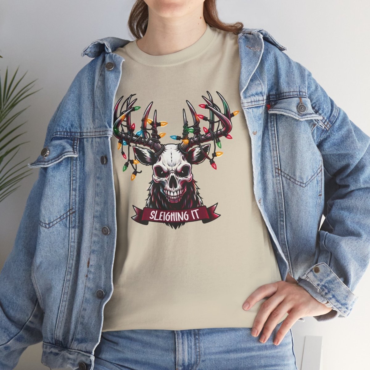 Christmas Reindeer Tee, Sleighing It Unisex Heavy Cotton Tee