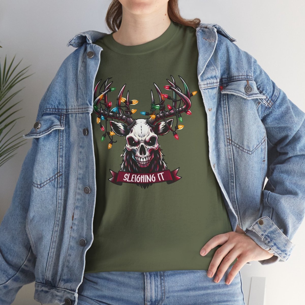 Christmas Reindeer Tee, Sleighing It Unisex Heavy Cotton Tee