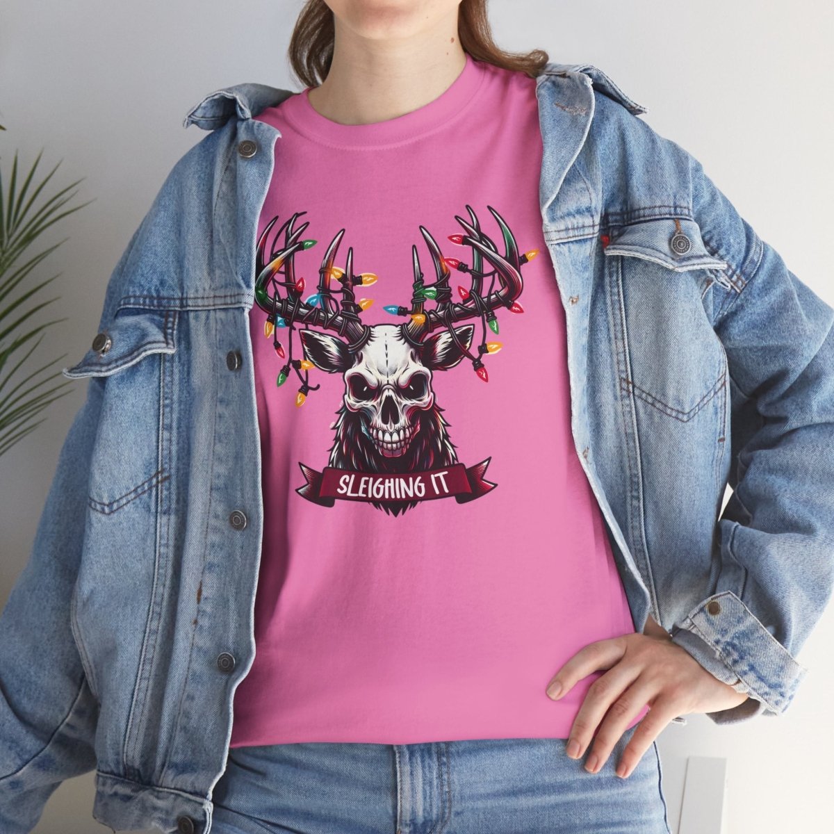 Christmas Reindeer Tee, Sleighing It Unisex Heavy Cotton Tee