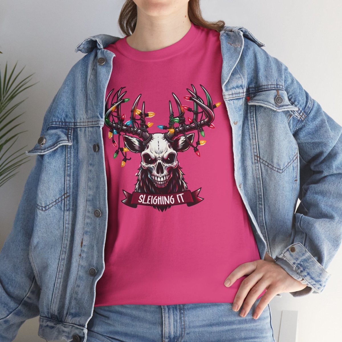 Christmas Reindeer Tee, Sleighing It Unisex Heavy Cotton Tee