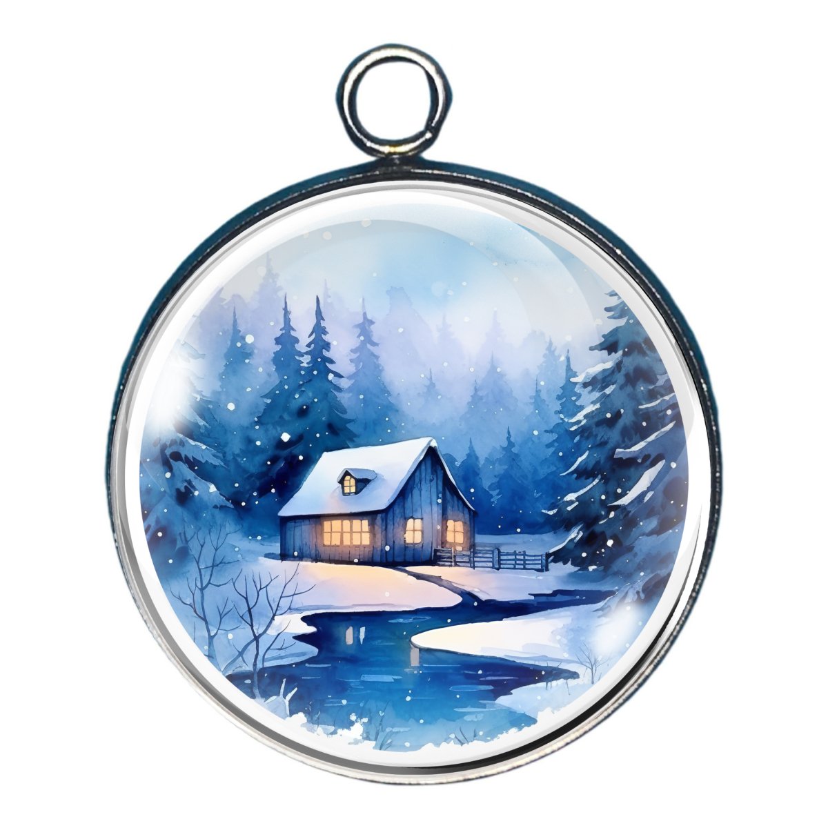 Charm depicting a serene snowey scene of a cabin by the river 