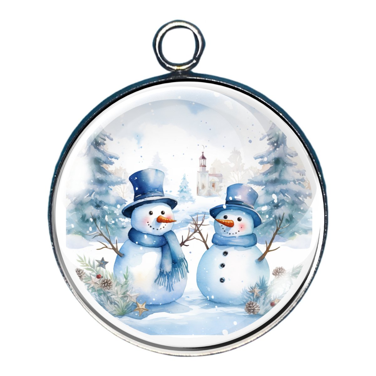 Charm of a couple of snowmen in a snowy field with a house in the distance