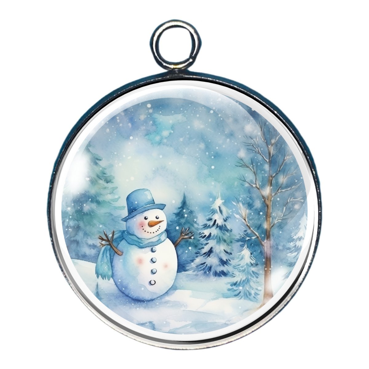 Charm depicting a snowman with a blue hat and scarf