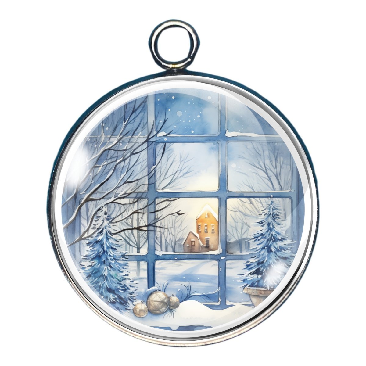 Charm depicting a winter scene through a window