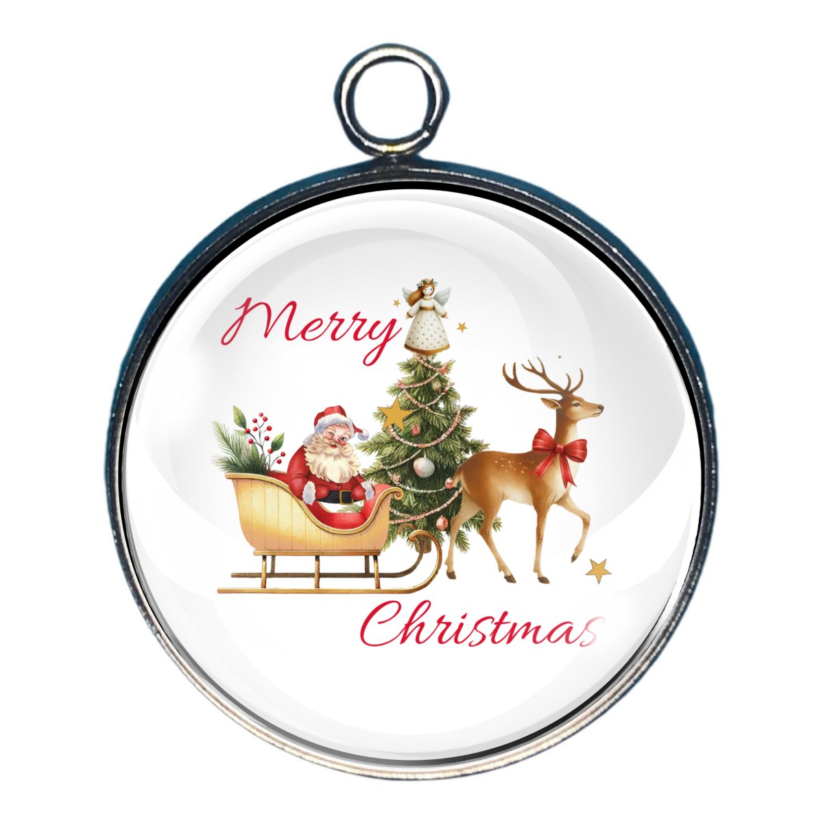 Charm with santa and a reindeer with a christmas tree and the words Merry Christmas