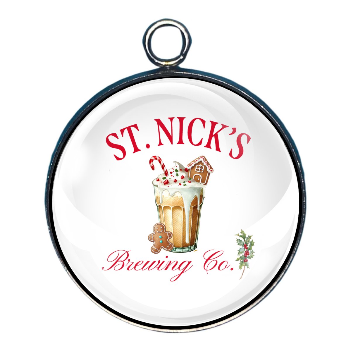 charm with a festive beverage and the words St Nicks Brewing co