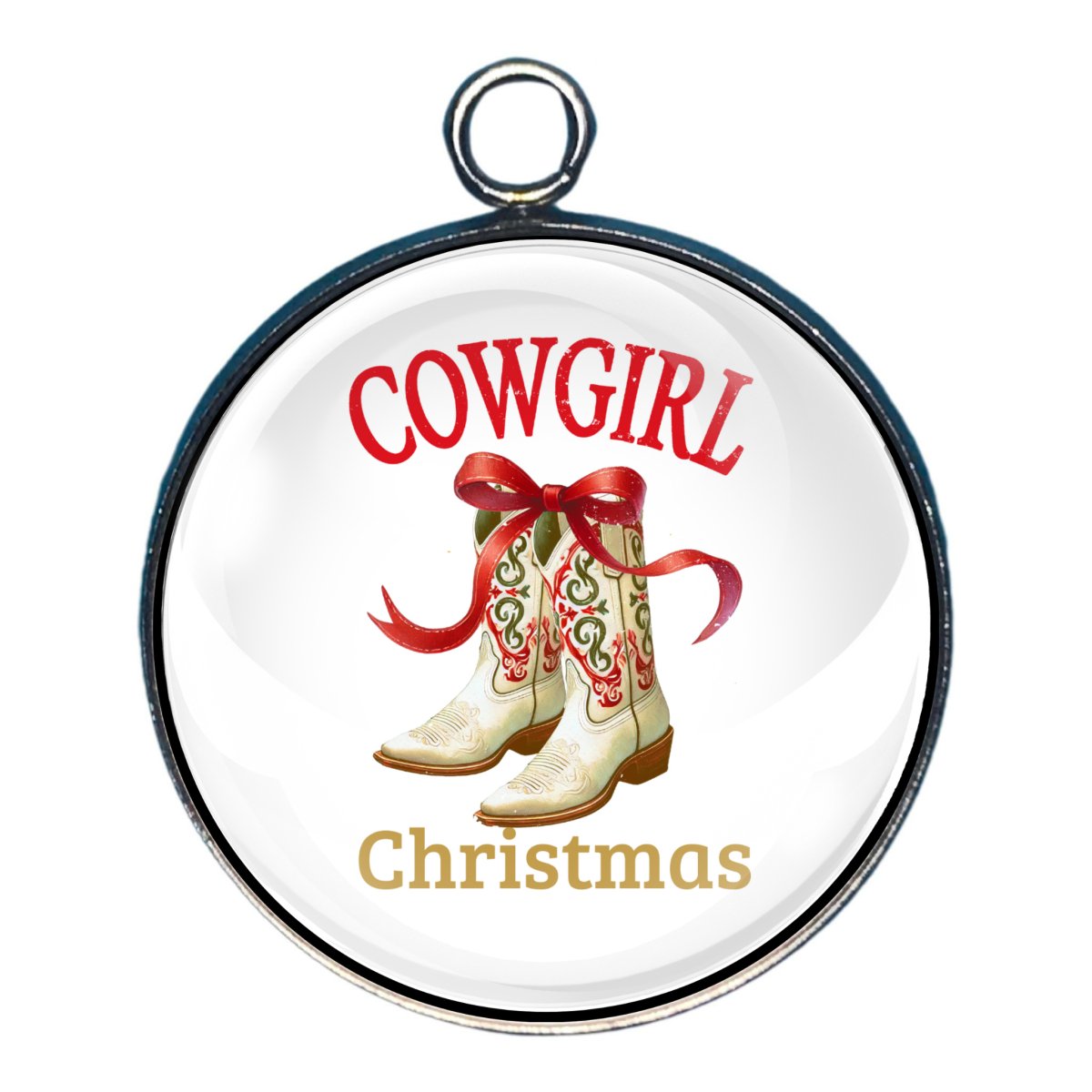 Charm with the words cowgirl christmas and a pair of festive cowboy boots