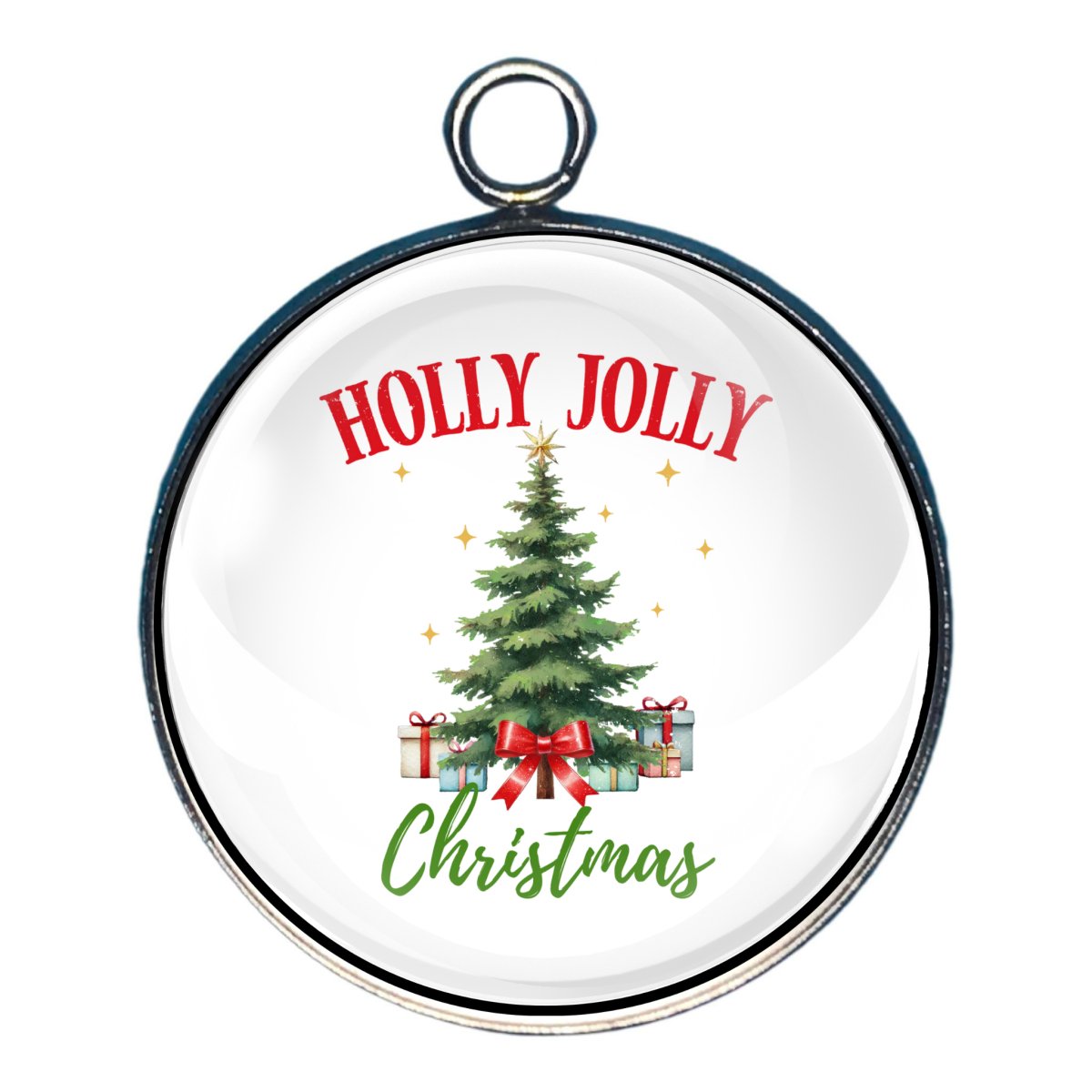 Charm with a tree and presents and the words holly jolly christmas