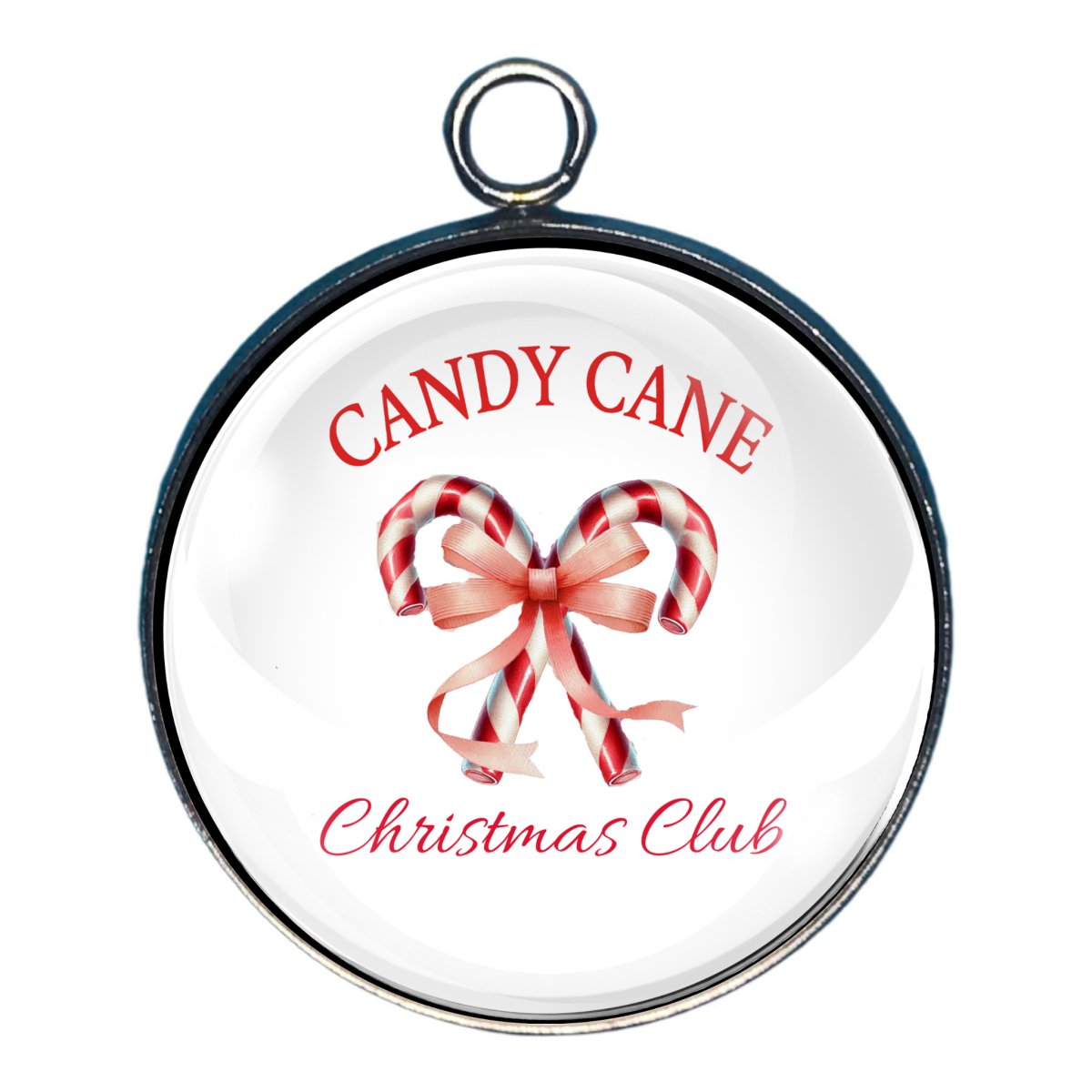 Charm with candy canes tied together with the words Candy Cane Christmas Club