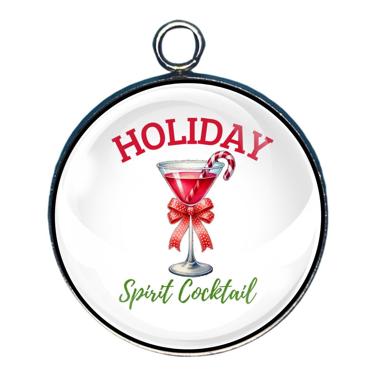 Charm featurng the words Holiday Spirit Cocktail with a candycane decorated martini