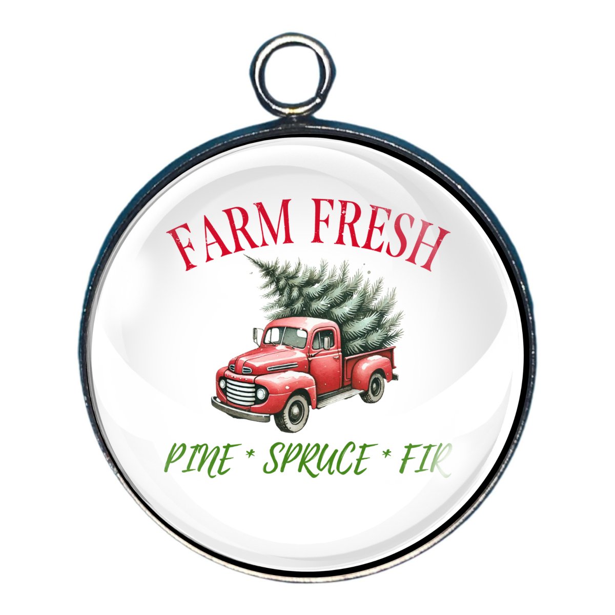 Charm featuring a truck w/ christmas tree and the words Farm Fresh - pine spruce fir