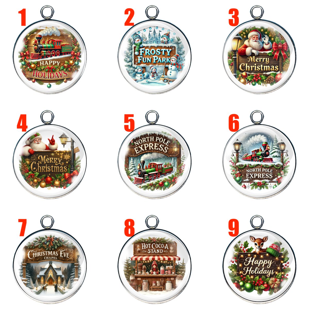 9 Christmas Spirit glass cabochon charms