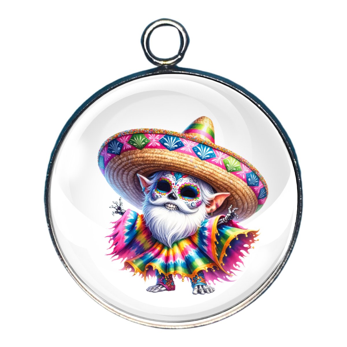 Charm depicting a skeleton of a Gnome celebrating Cinco De Mayo