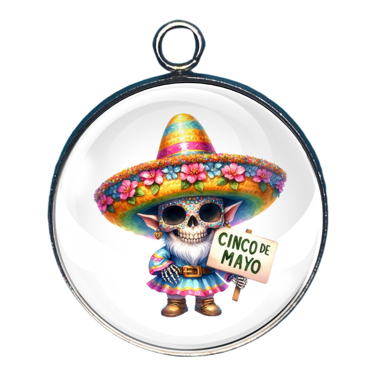 Charm depicting a skeleton of a Gnome celebrating Cinco De Mayo