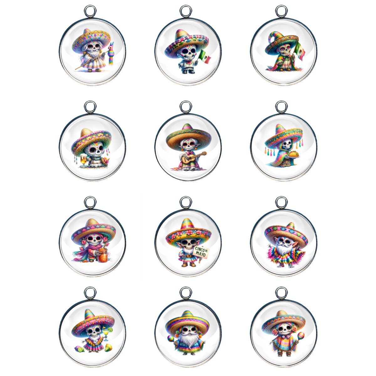 Group of 12 Charms depicting skeletons of Gnomes celebrating Cinco De Mayo