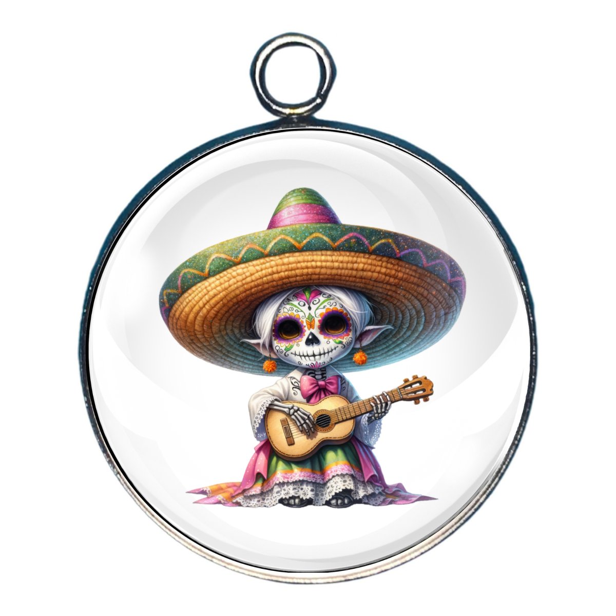 Charm depicting a skeleton of a Gnome celebrating Cinco De Mayo