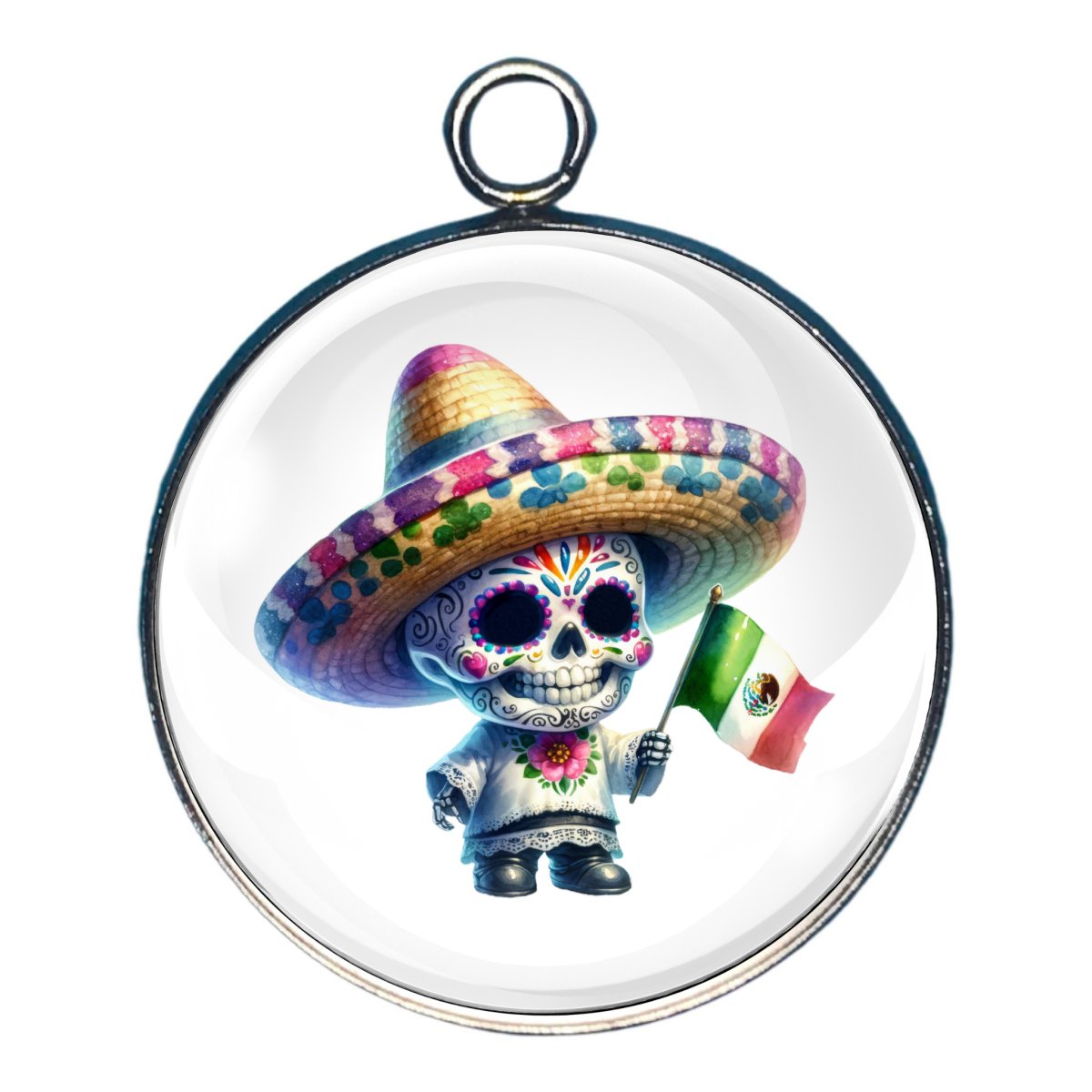 Charm depicting a skeleton of a Gnome celebrating Cinco De Mayo