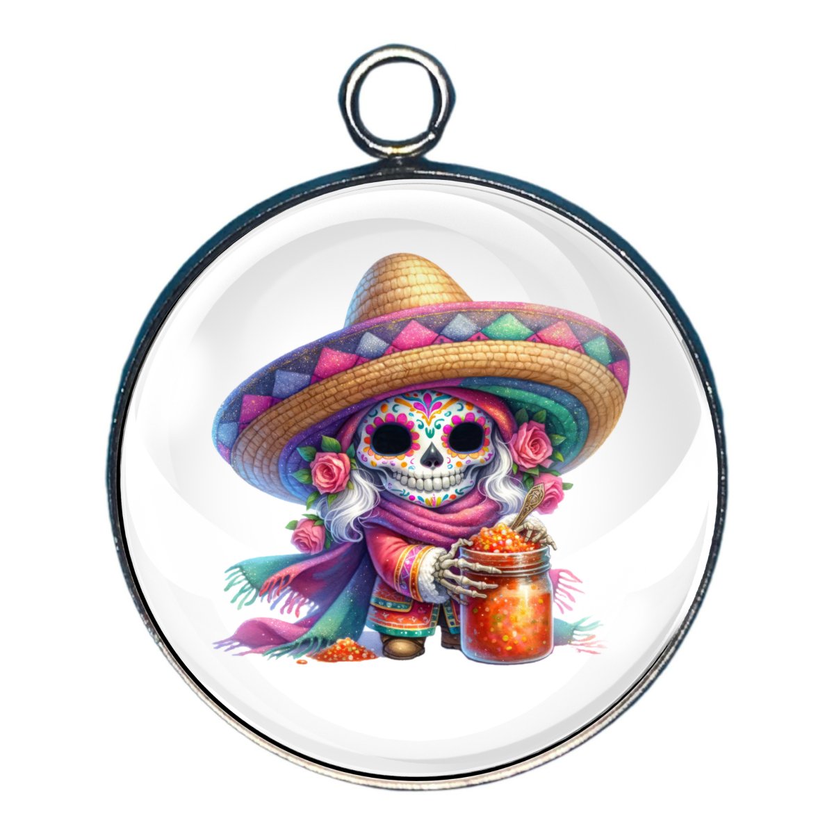 Charm depicting a skeleton of a Gnome celebrating Cinco De Mayo