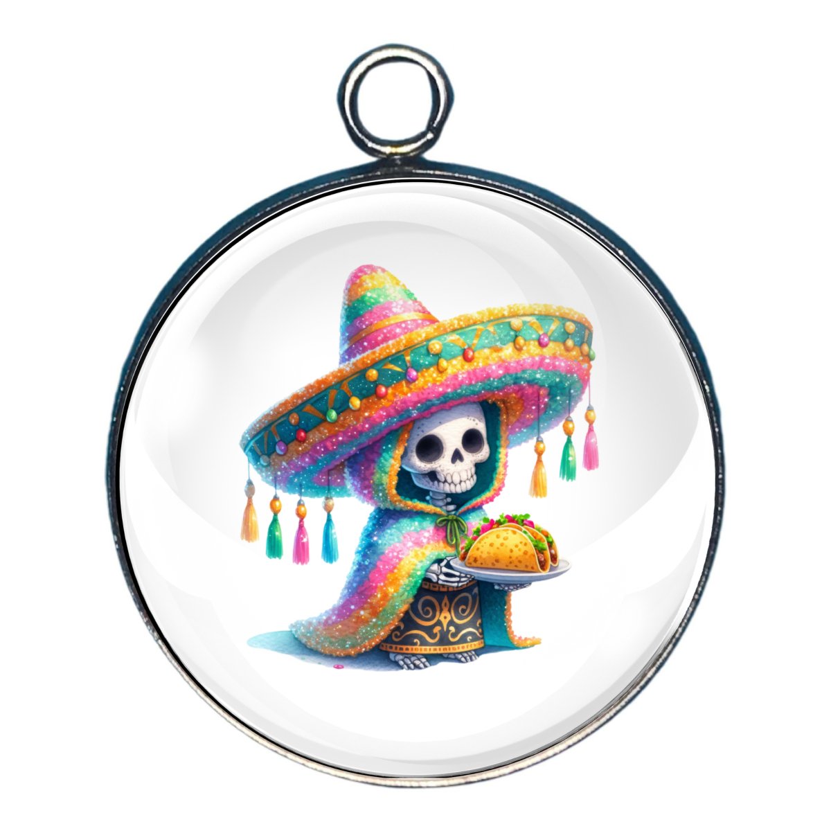 Charm depicting a skeleton of a Gnome celebrating Cinco De Mayo