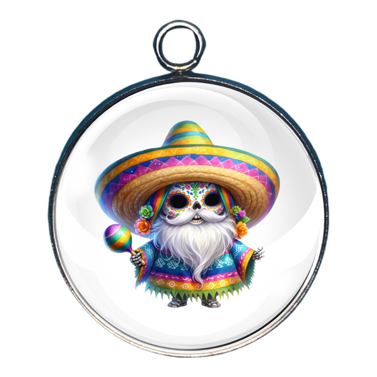 Charm depicting a skeleton of a Gnome celebrating Cinco De Mayo