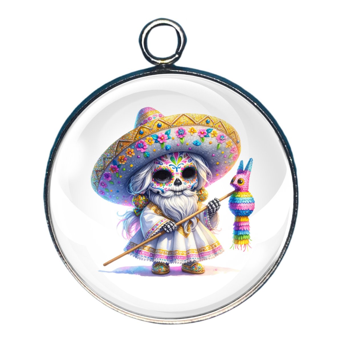 Charm depicting a  skeleton of a Gnome celebrating Cinco De Mayo