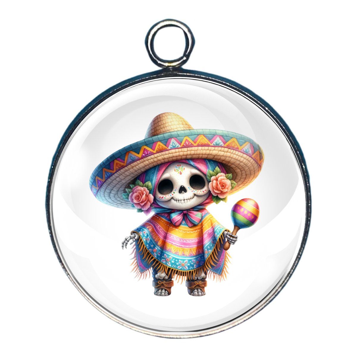 Charm depicting a skeleton of a Gnome celebrating Cinco De Mayo