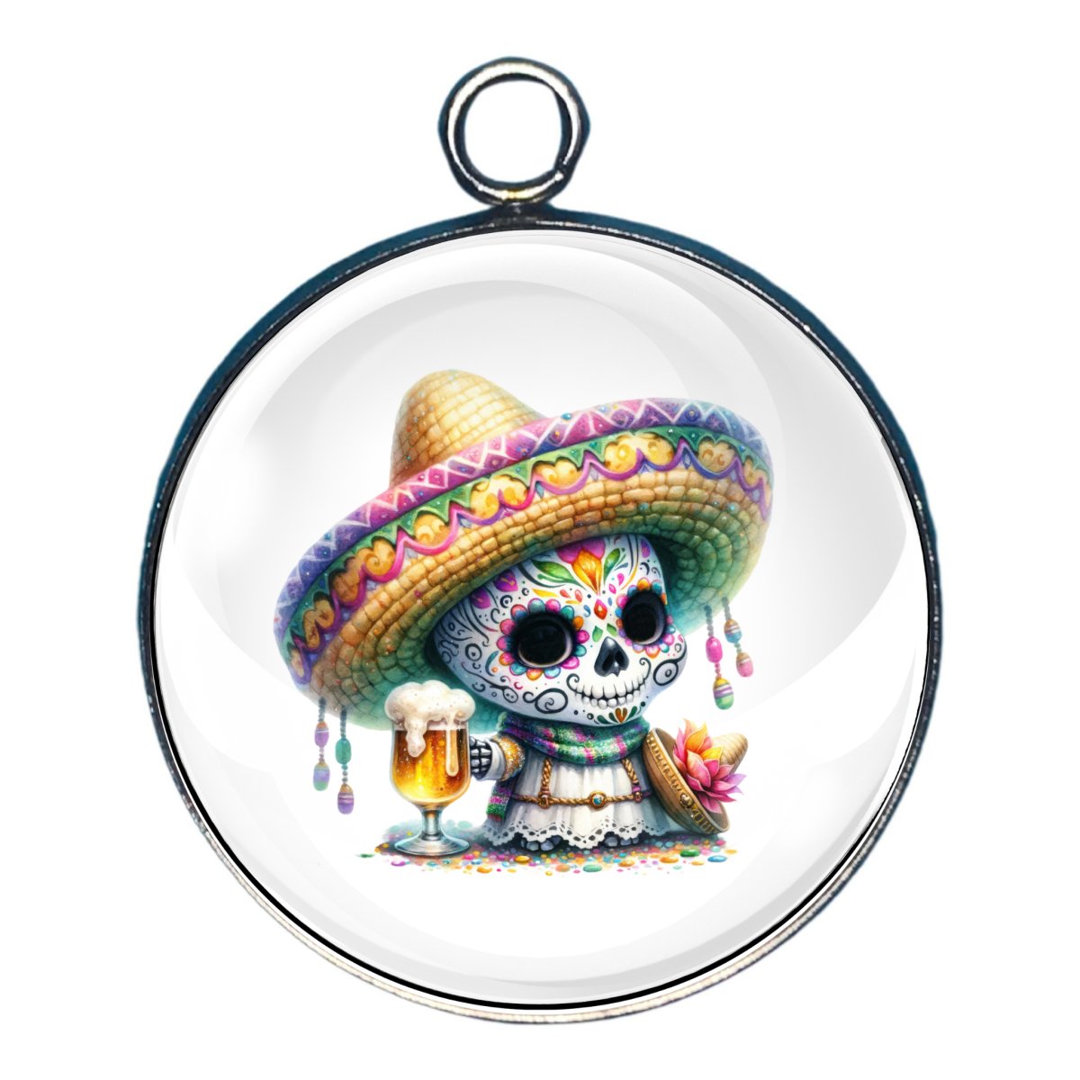 Charm depicting a skeleton of a Gnome celebrating Cinco De Mayo