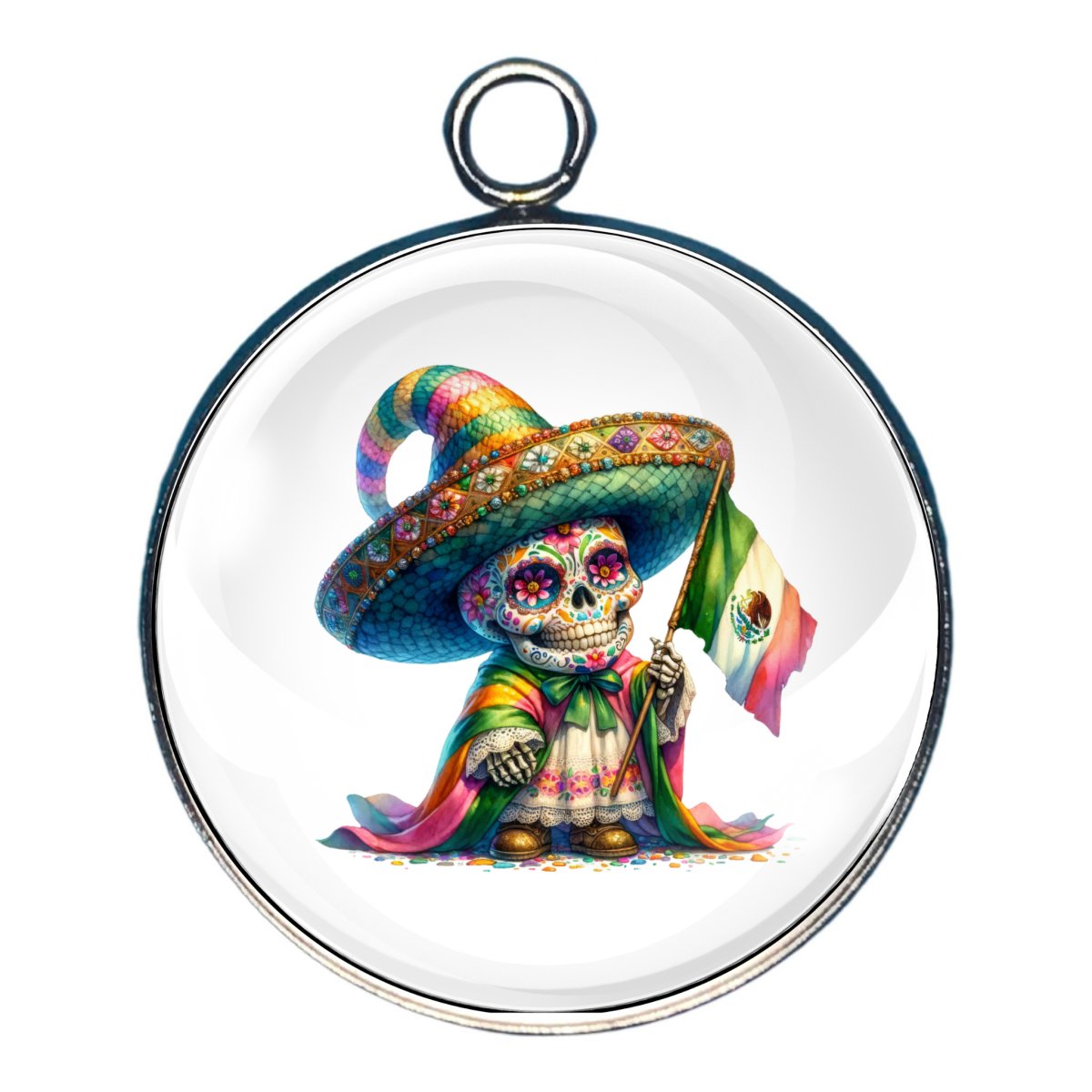 Charm depicting a skeleton of a Gnome celebrating Cinco De Mayo