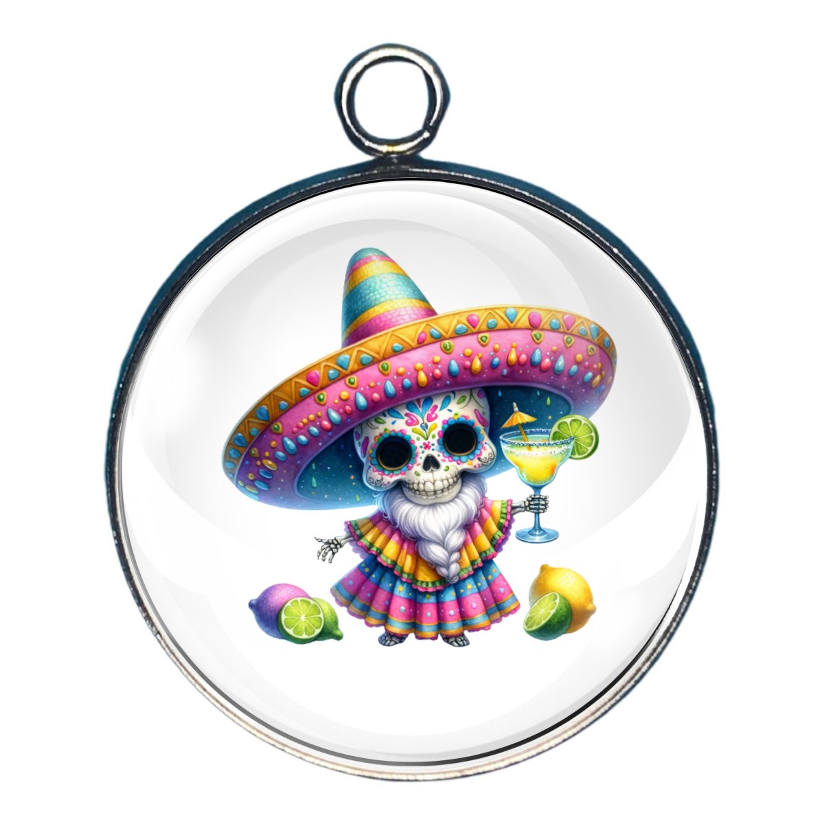 Charm depicting a skeleton of a Gnome celebrating Cinco De Mayo