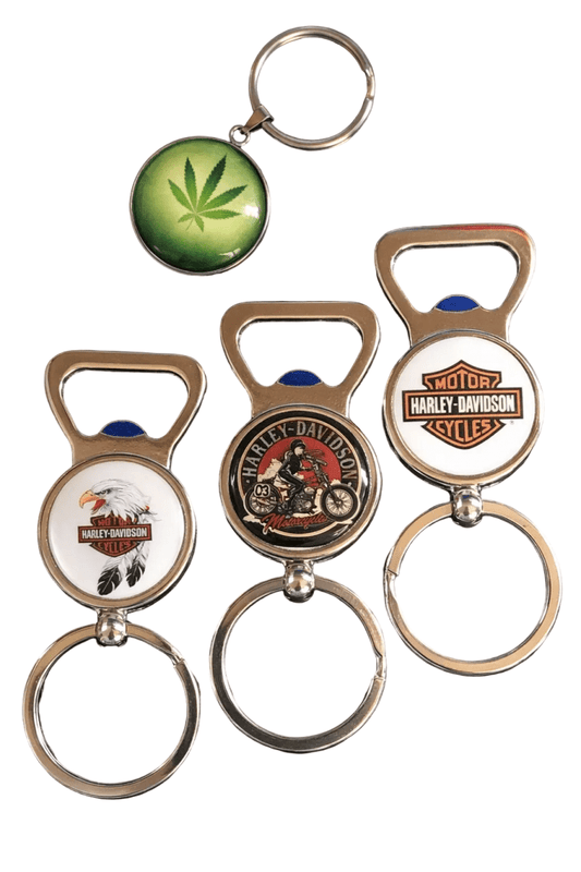 3 bottle opener keyrings and 1 pot leaf glass cabochon charm keyring
