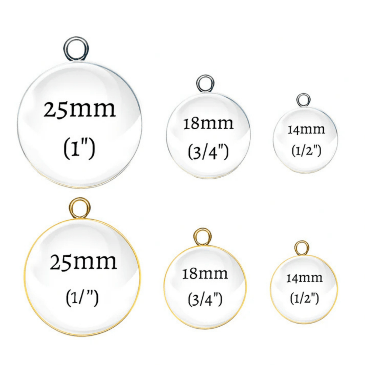 Set of round pendants with measurements on a white background