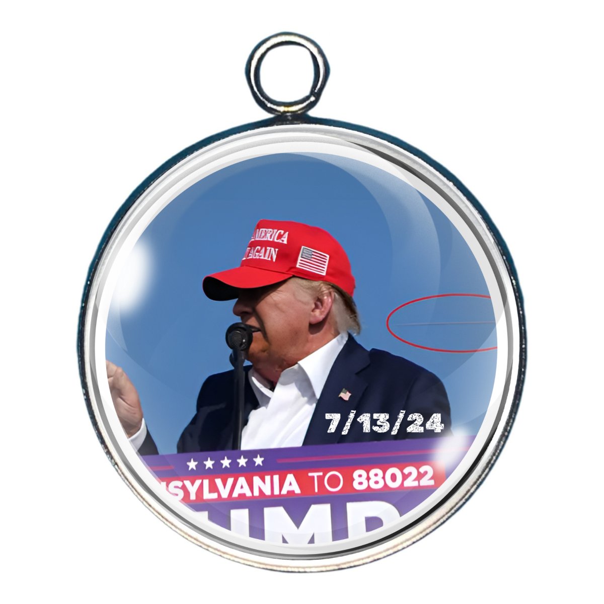 Charm of Trump at the Butler PA Rally with the bullet wizzing by.