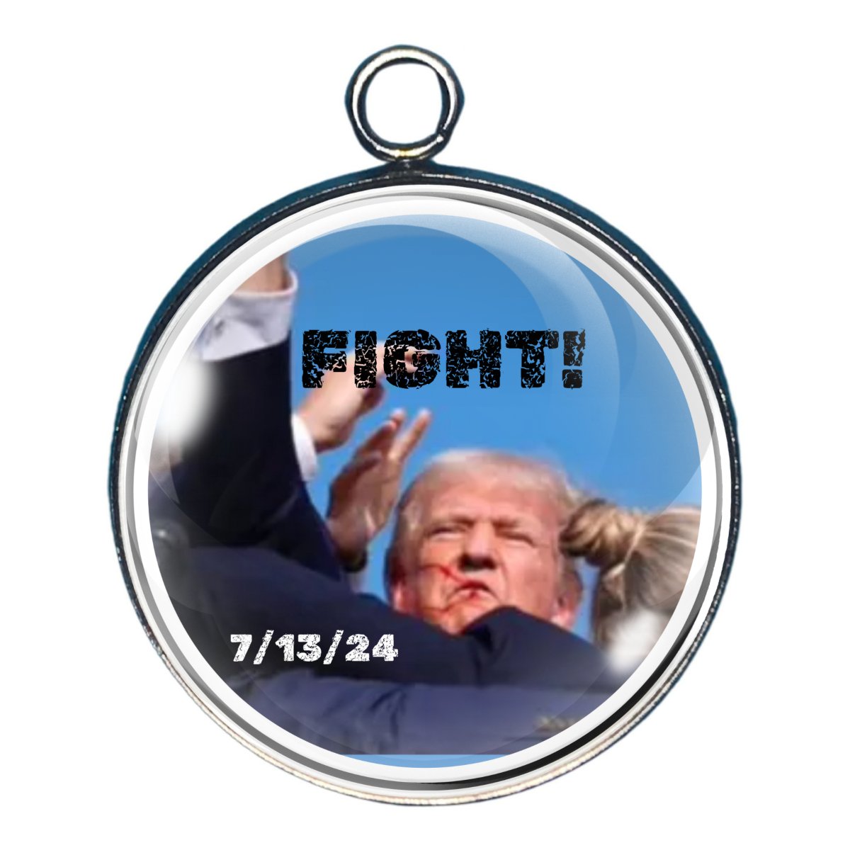 Charm of Trump at the Butler PA rally with the word fight and the date of the shot taken at him