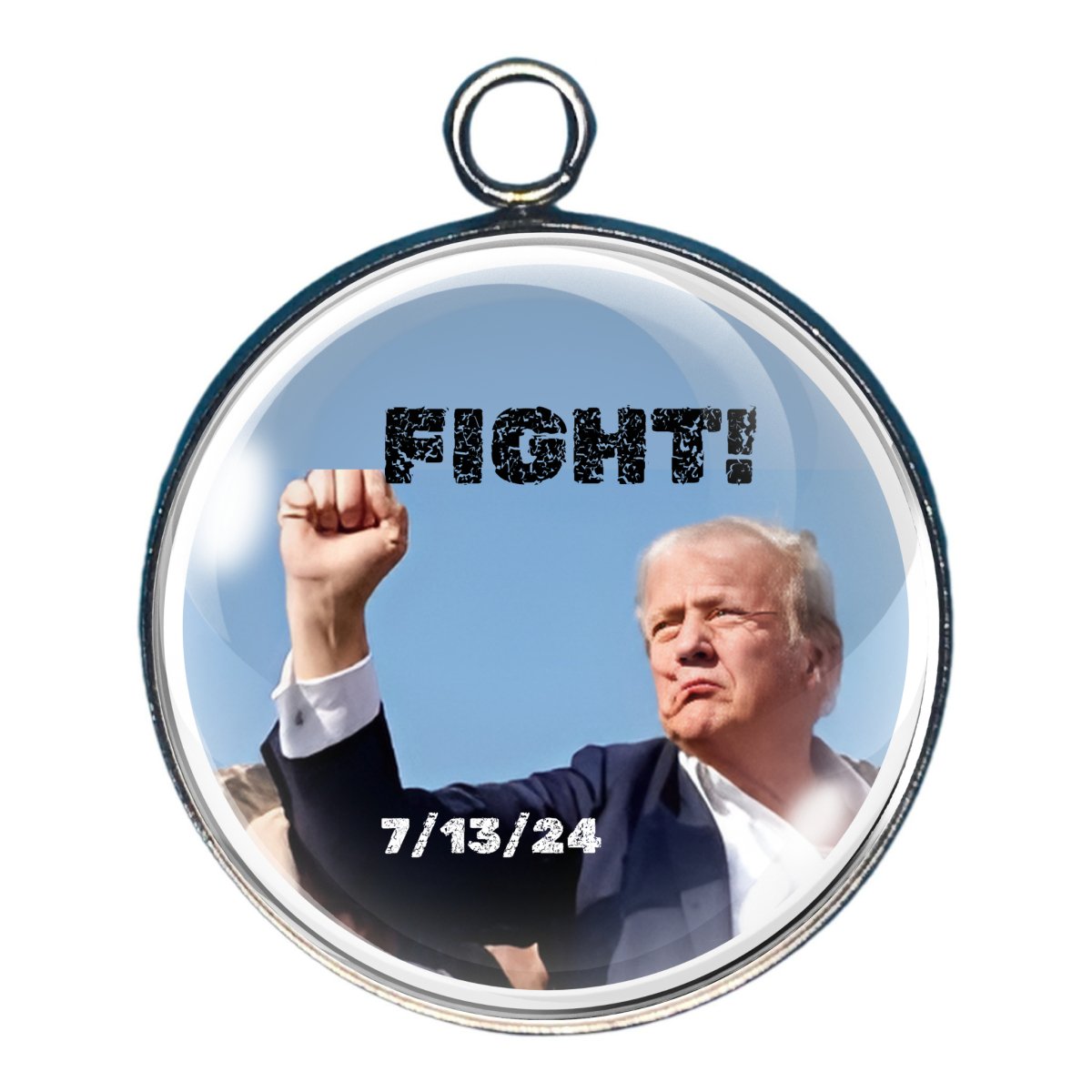 Charm of Trump at the Butler PA rally with the word fight and the date of the shot taken at him