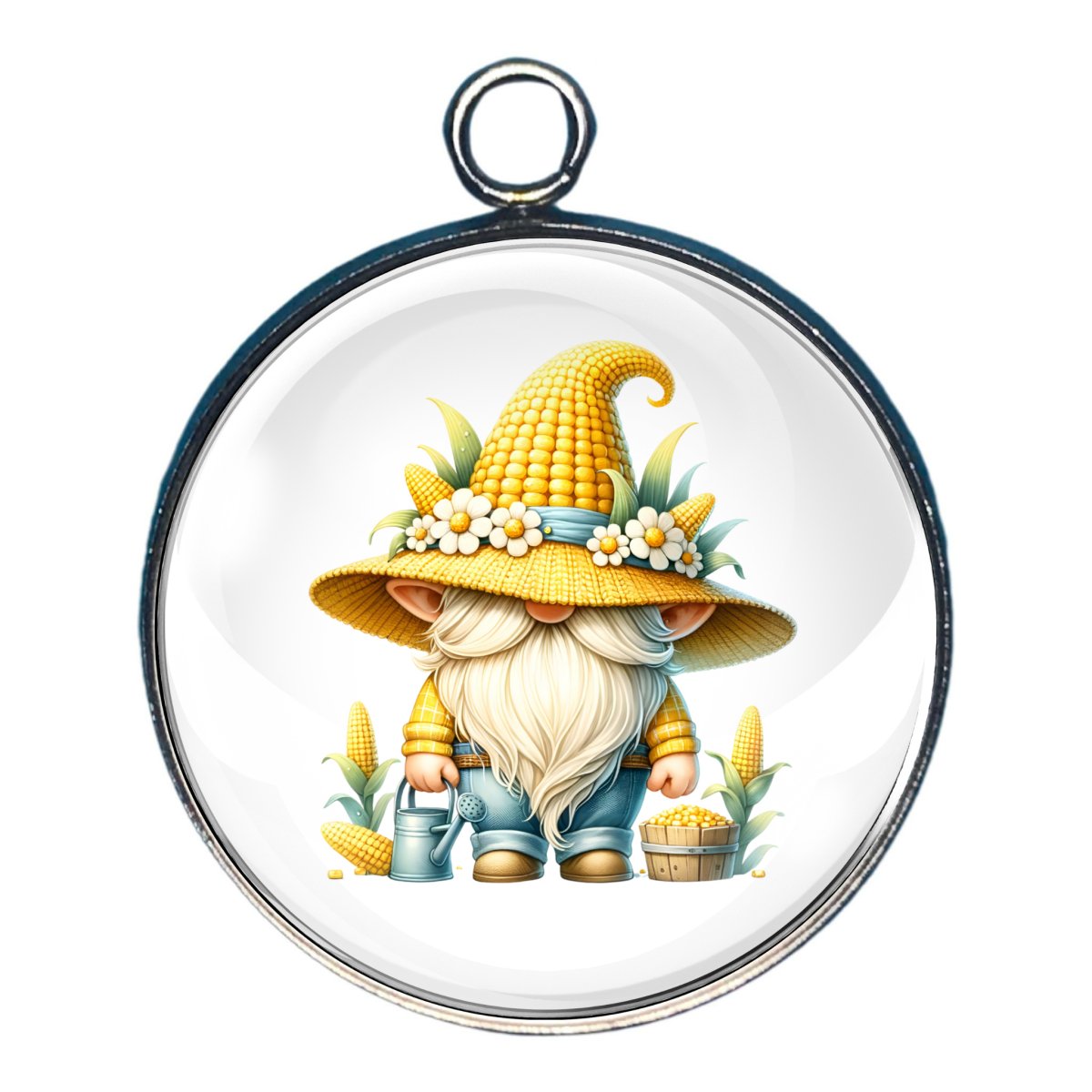 charm of a gnome watering corn plants wearing his corn cob hat