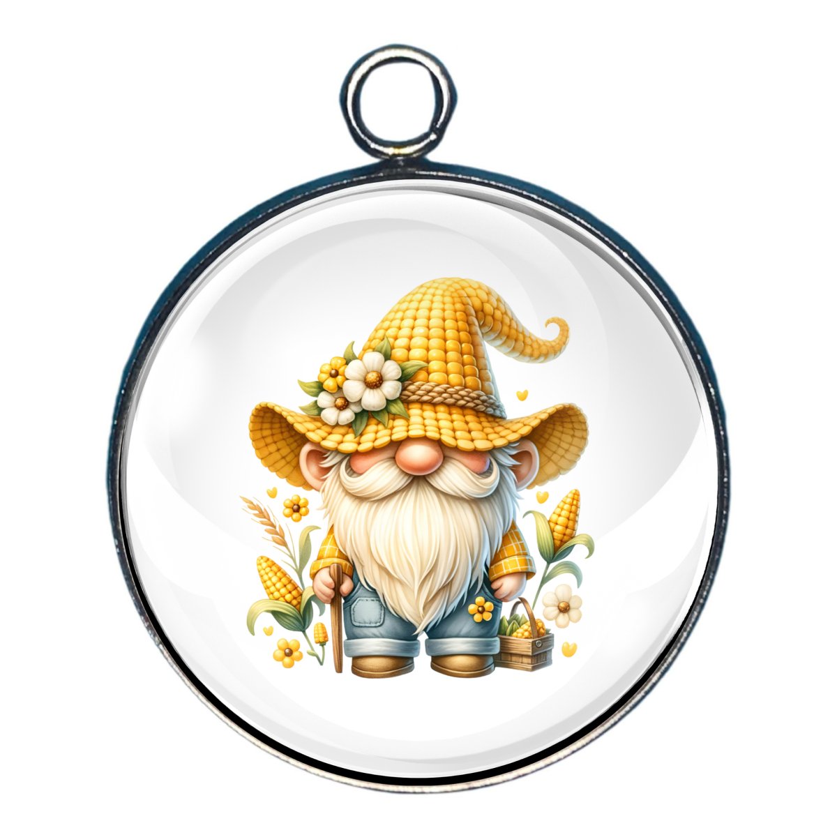 Gnome with a walking stick wearing a corn cob hat