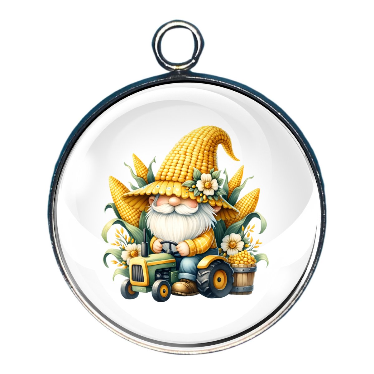 charm of a gnome riding a tractor wearing his corn cob hat