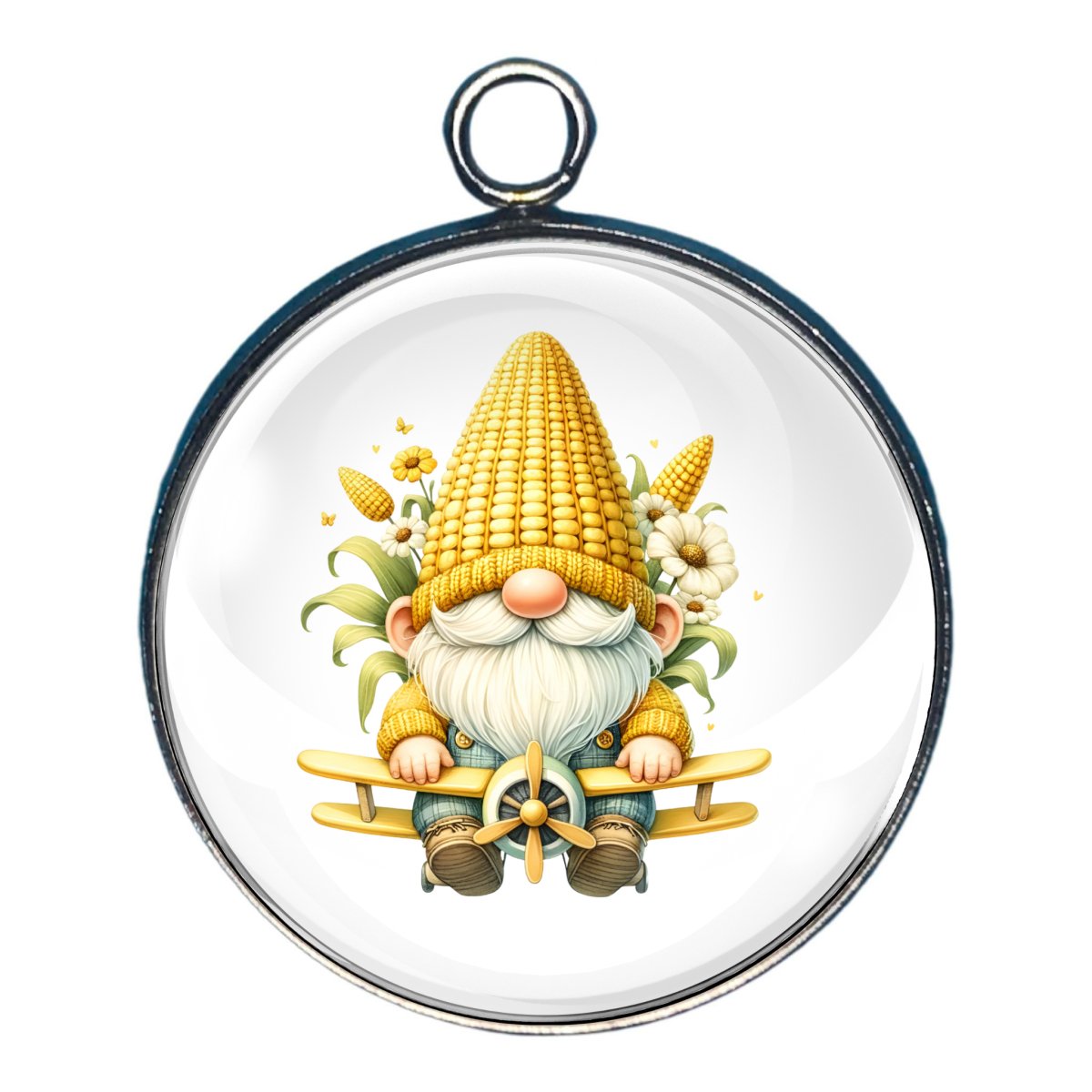 charm of a gnome flying on a plane with his corncob hat