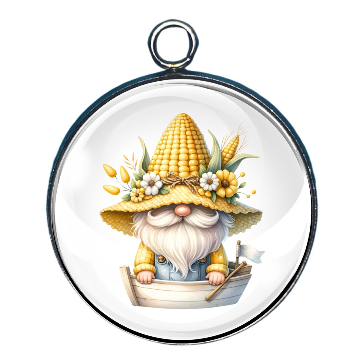 Charm of a gnome by a fence wearing a corn cob hat