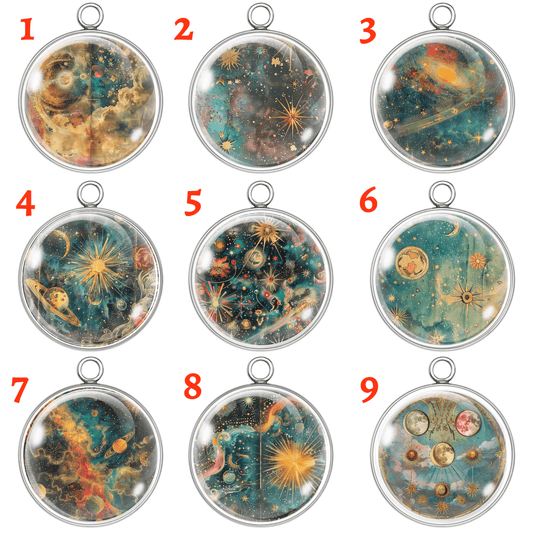Set of 9 Cosmic Galaxy Glass Cabochon Charms featuring stars, planets, moons, and galactic themes in round stainless steel settings.