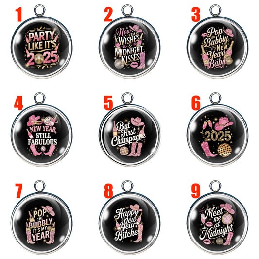 Cowgirl New Years Charms, Glass Cabochon Charms