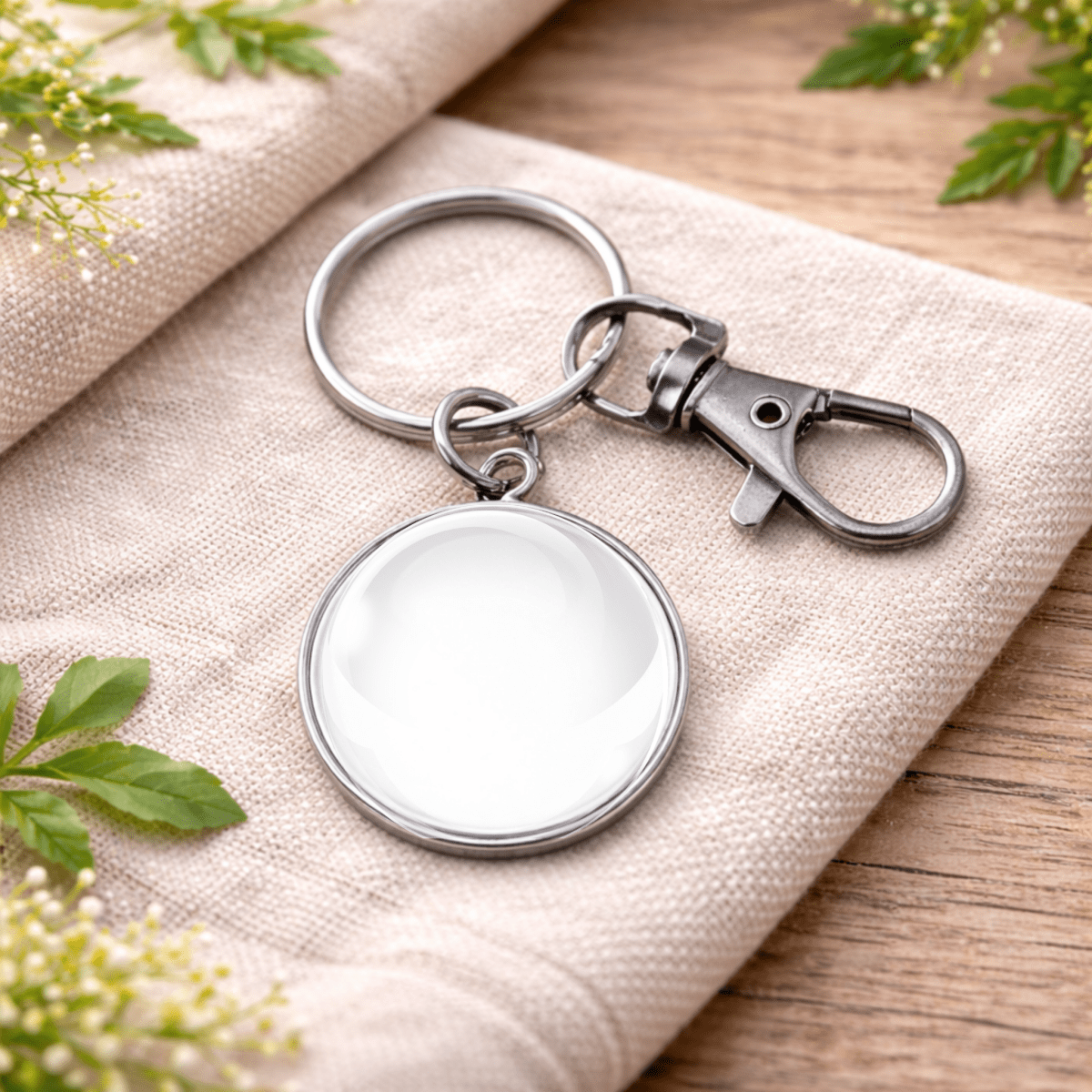 Silver keychain with a round blank space on a beige fabric background with green leaves.