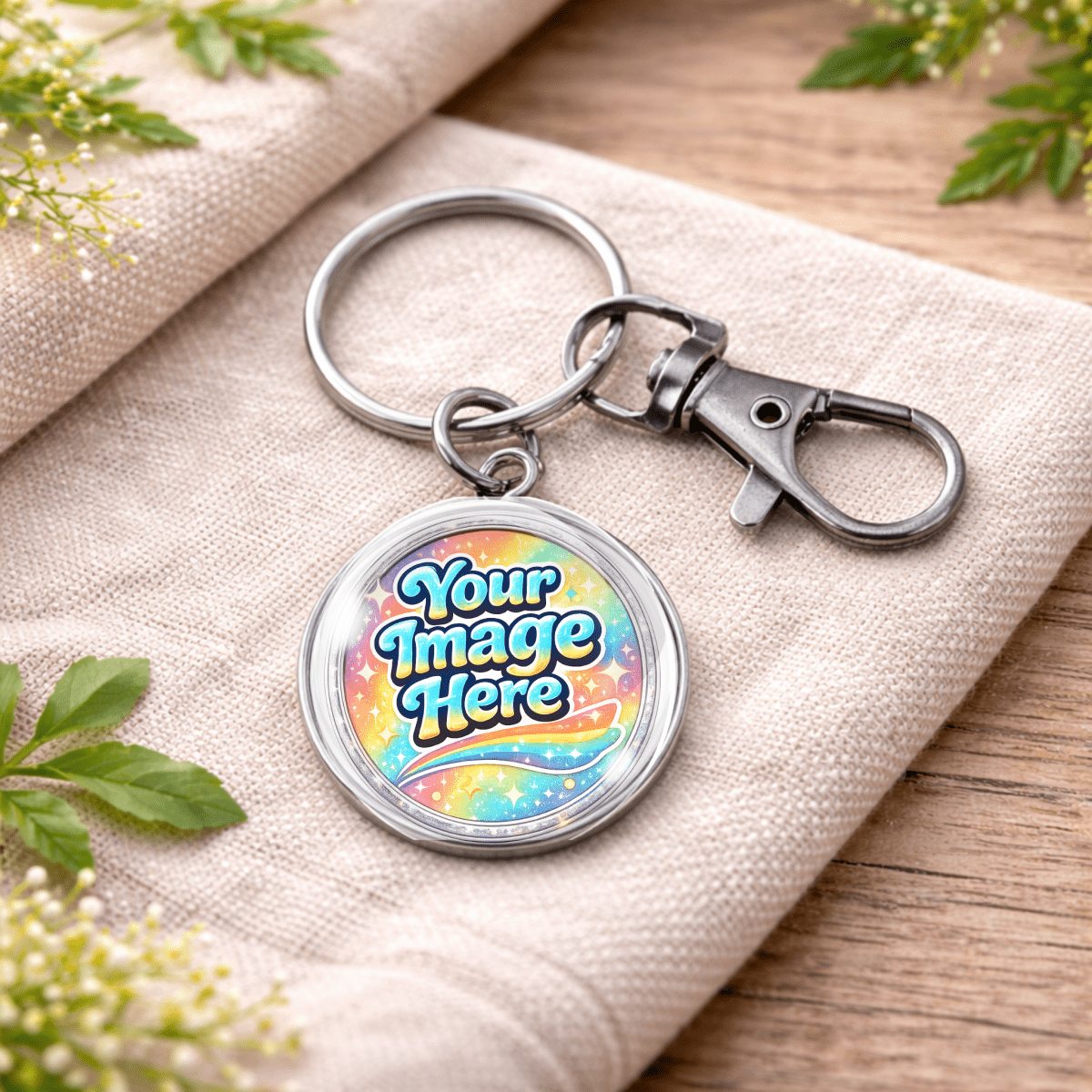 Personalized keychain with 'Your Image Here' text on a fabric surface with flowers.